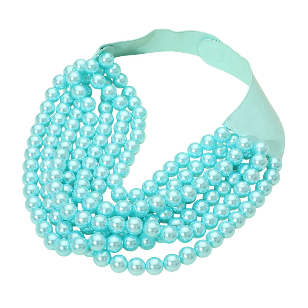 Pearl Beaded Multi Layered Faux Leather Magnetic Necklace - Turquoise - Necklace