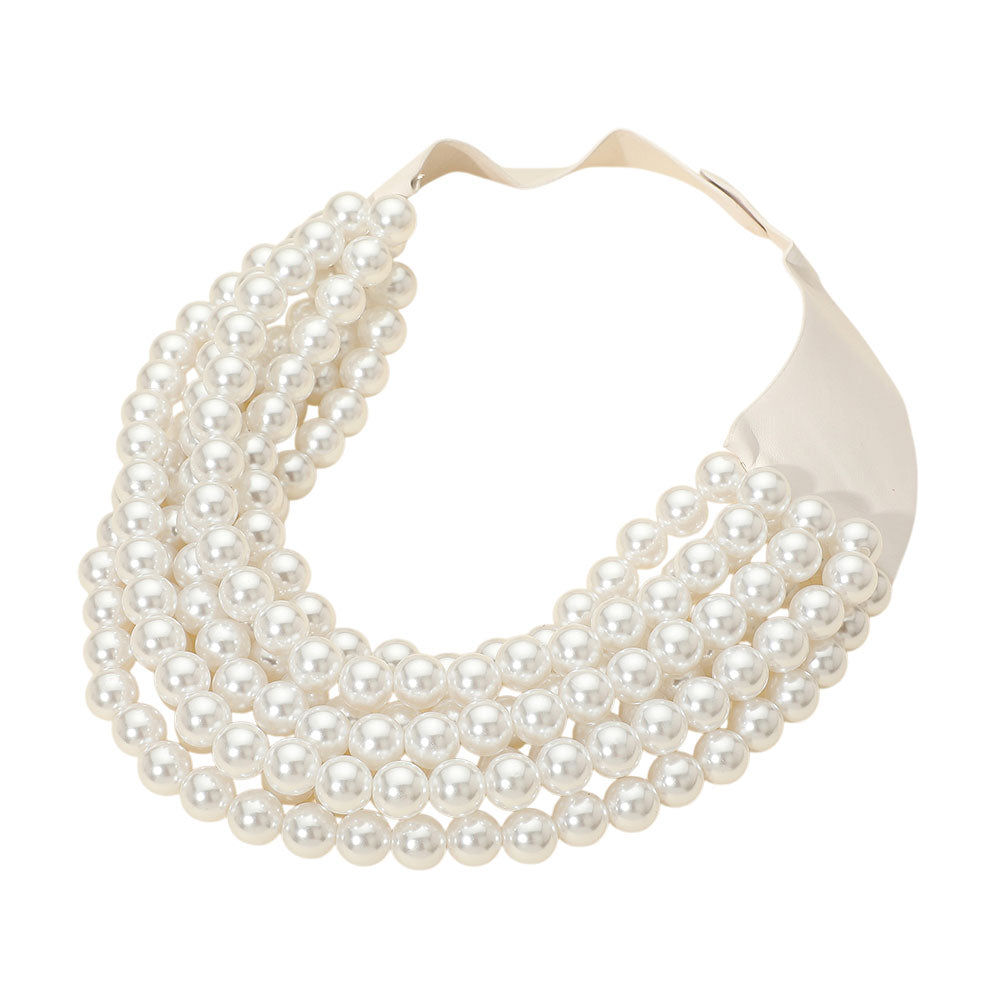 Pearl Beaded Multi Layered Faux Leather Magnetic Necklace - White - Necklace