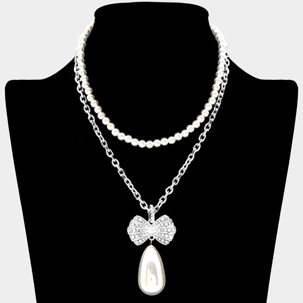 Rhodium Pearl Chain Layered Rhinestone Pave Ribbon Pearl Dangle Pendant Necklace
