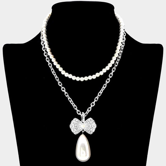 Rhodium Pearl Chain Layered Rhinestone Pave Ribbon Pearl Dangle Pendant Necklace