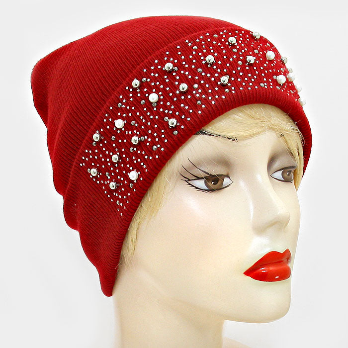 Burgundy Pearl Crystal Metal Ball Cluster Beanie Hat