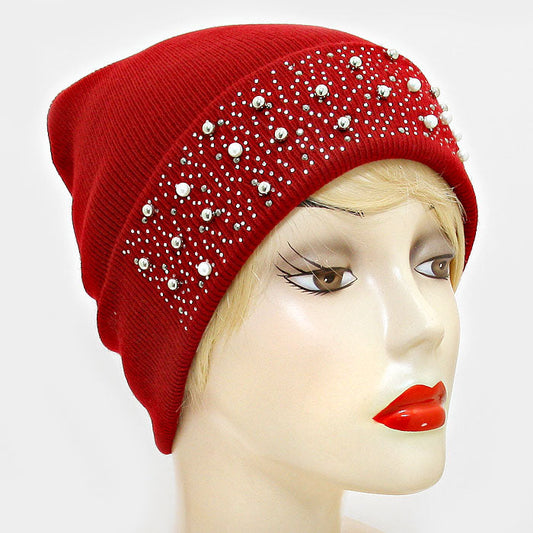 Burgundy Pearl Crystal Metal Ball Cluster Beanie Hat