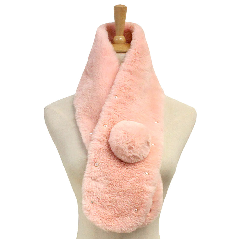 Pink Pearl Embellished Faux Fur Pom Pom Pull Through Scarf, accent your look with this soft, highly versatile plaid scarf. A rugged staple brings a classic look, adds a pop of color & completes your outfit, keeping you cozy & toasty. Perfect Gift Birthday, Holiday, Christmas, Anniversary, Valentine's Day