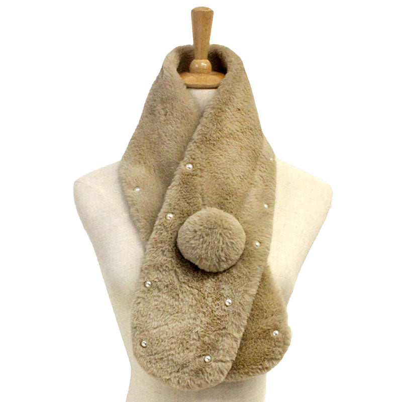 Tan Pearl Embellished Faux Fur Pom Pom Pull Through Scarf, accent your look with this soft, highly versatile plaid scarf. A rugged staple brings a classic look, adds a pop of color & completes your outfit, keeping you cozy & toasty. Perfect Gift Birthday, Holiday, Christmas, Anniversary, Valentine's Day