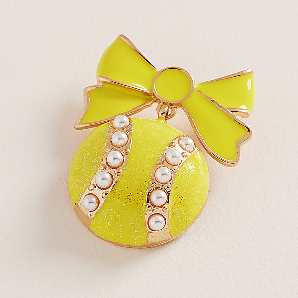 Yellow Pearl Enamel Tennis Ball Bow Pin Brooch