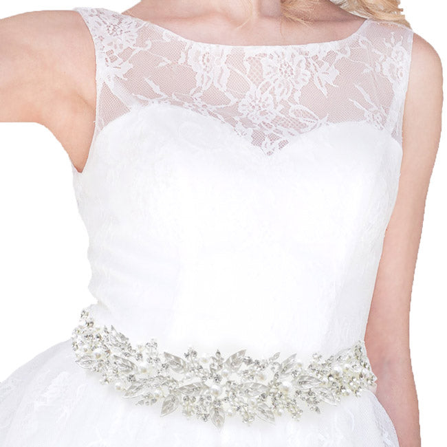 Pearl Rhinestone Bridal Wedding Sash Ribbon Belt Hair Tie - Silver - Sashes