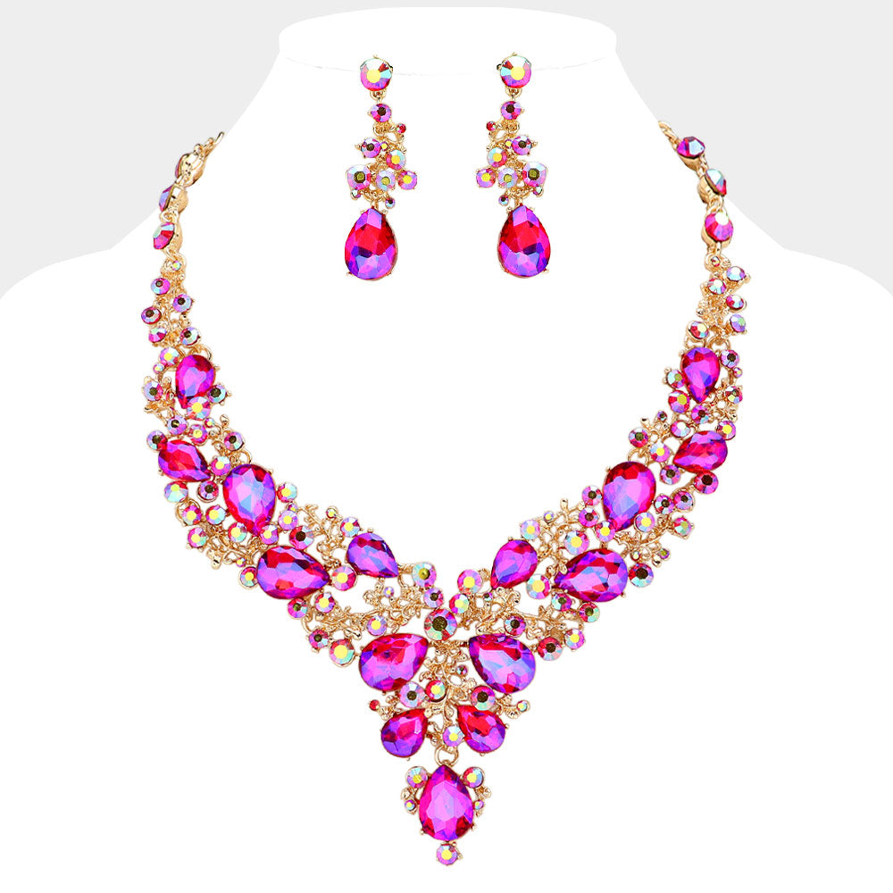 AB, Gold, Purple Pearl Round Teardrop Stone Accented Evening Necklace