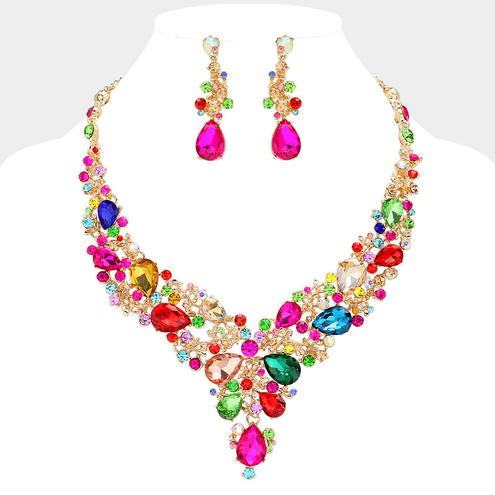 Gold, Multi Pearl Round Teardrop Stone Accented Evening Necklace