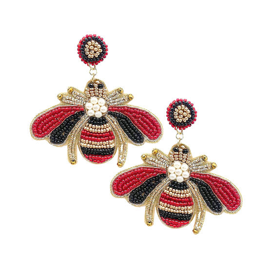 Felt Back Pearl Seed Bead Honey Bee Dangle Earrings Honey Bee Earrings handcrafted jewelry adds a pop of pretty color, sequin, beaded embroidered bright artisanal earrings show off your fun trendsetting style. Perfect Birthday Gift, Anniversary Gift, Thank you Gift, Graduation, Prom, Sweet 16, Quincea√±era, Date Night