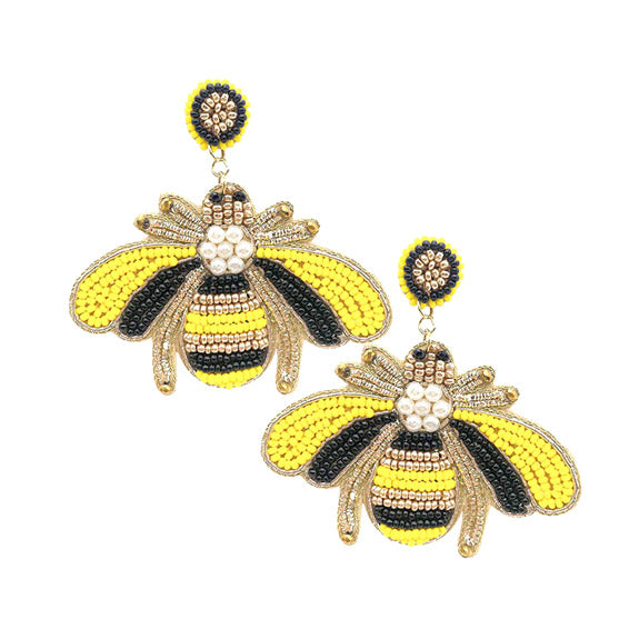 Felt Back Pearl Seed Bead Honey Bee Dangle Earrings Honey Bee Earrings handcrafted jewelry adds a pop of pretty color, sequin, beaded embroidered bright artisanal earrings show off your fun trendsetting style. Perfect Birthday Gift, Anniversary Gift, Thank you Gift, Graduation, Prom, Sweet 16, Quincea√±era, Date Night