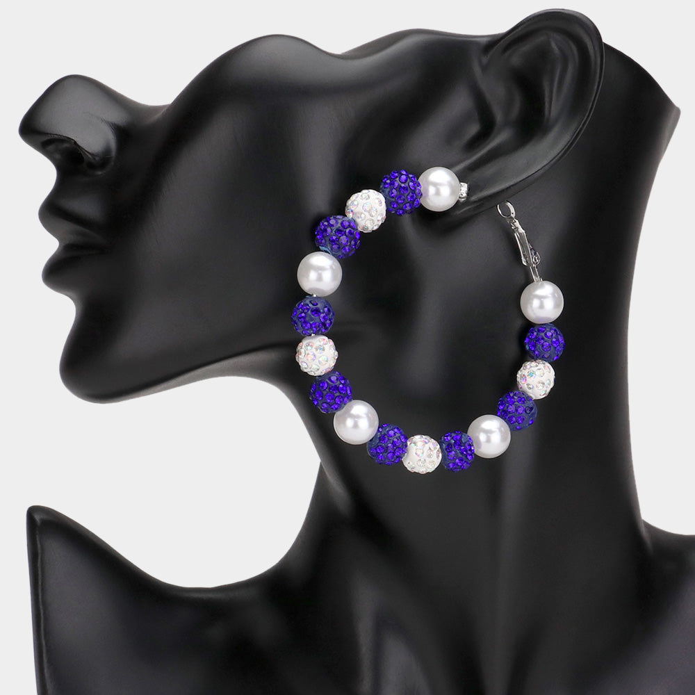 Blue Pearl Shamballa Ball Beaded Hoop Earrings