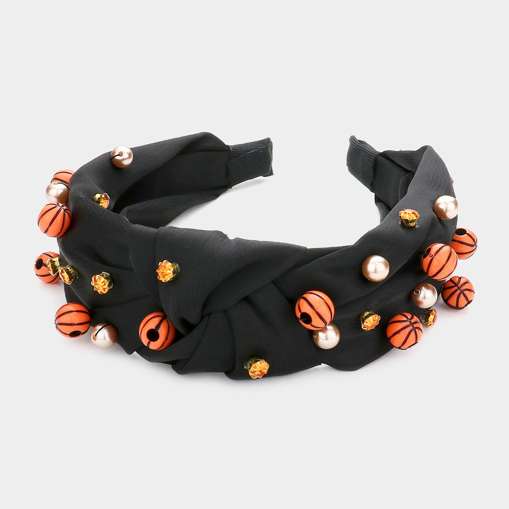 Black Pearl Stone Basketball Embellished Knot Burnout Headband