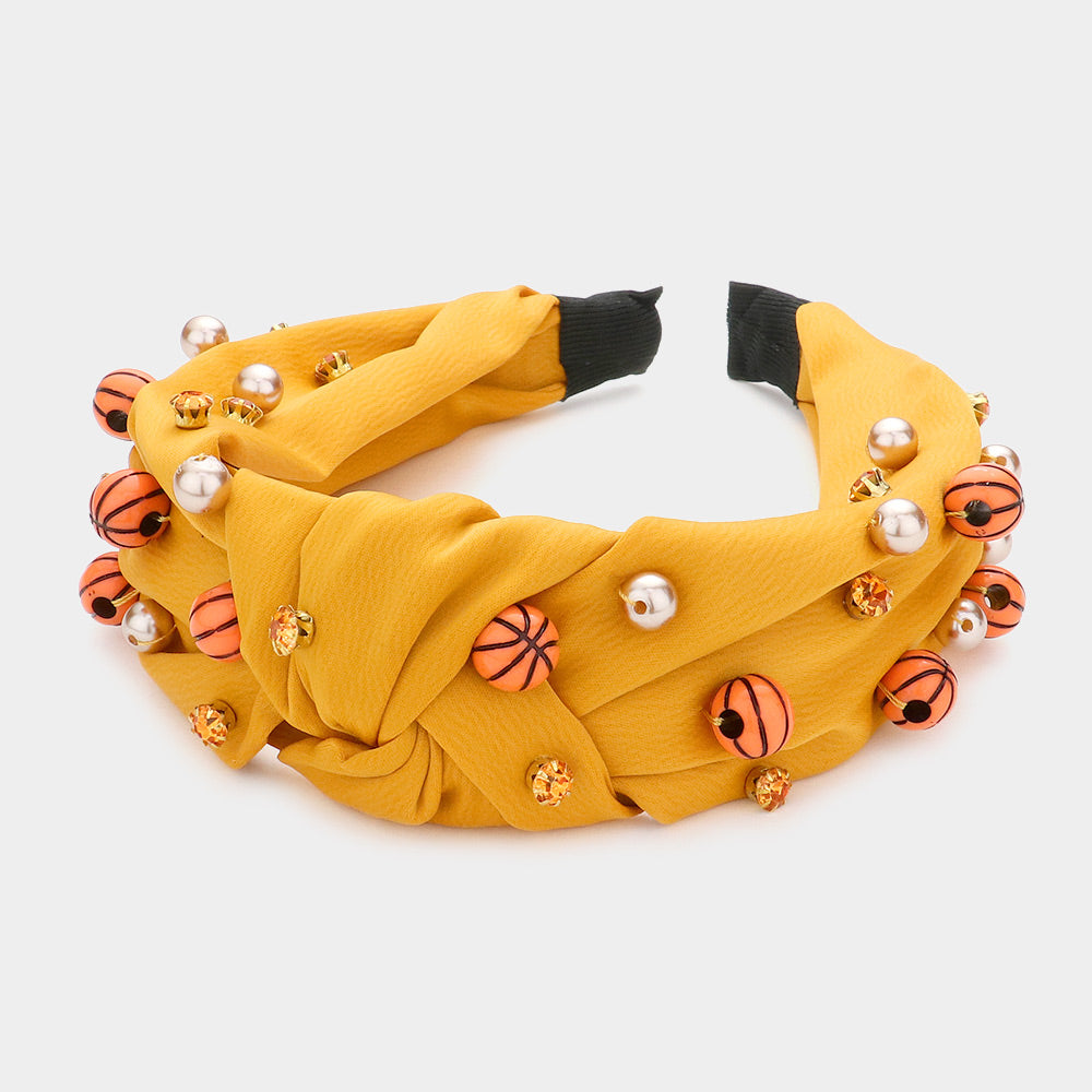 Brown Pearl Stone Basketball Embellished Knot Burnout Headband