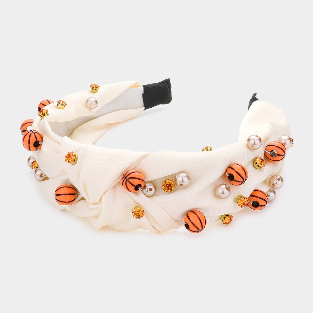 Neutral Pearl Stone Basketball Embellished Knot Burnout Headband
