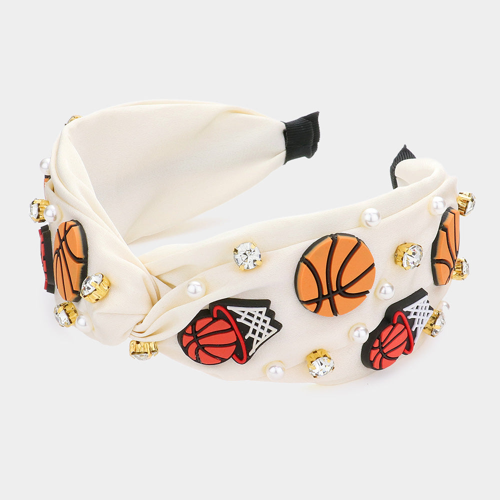 Neutral Pearl Stone Basketball Embellished Twisted Headband