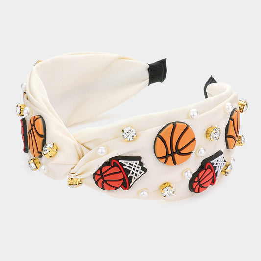 Neutral Pearl Stone Basketball Embellished Twisted Headband