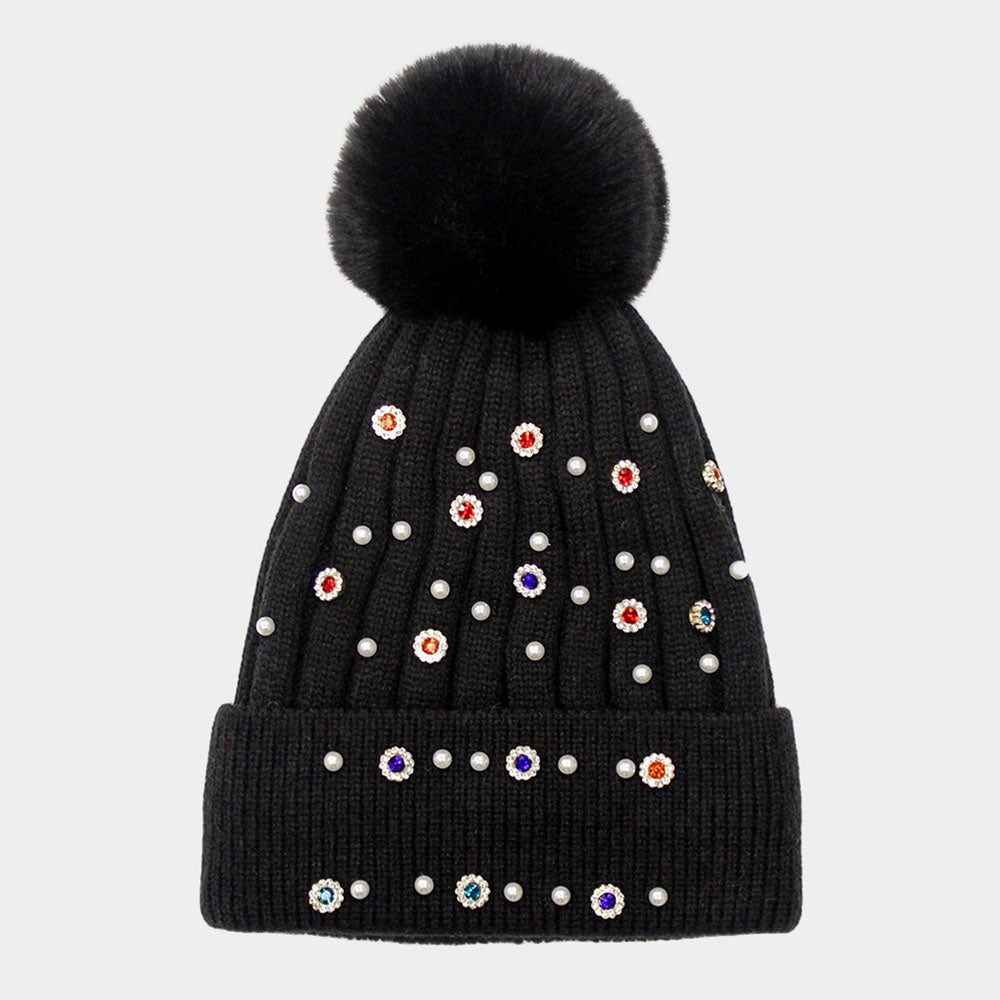 Black Pearl Stone Embellished Detail Pom Pom Beanie Hat