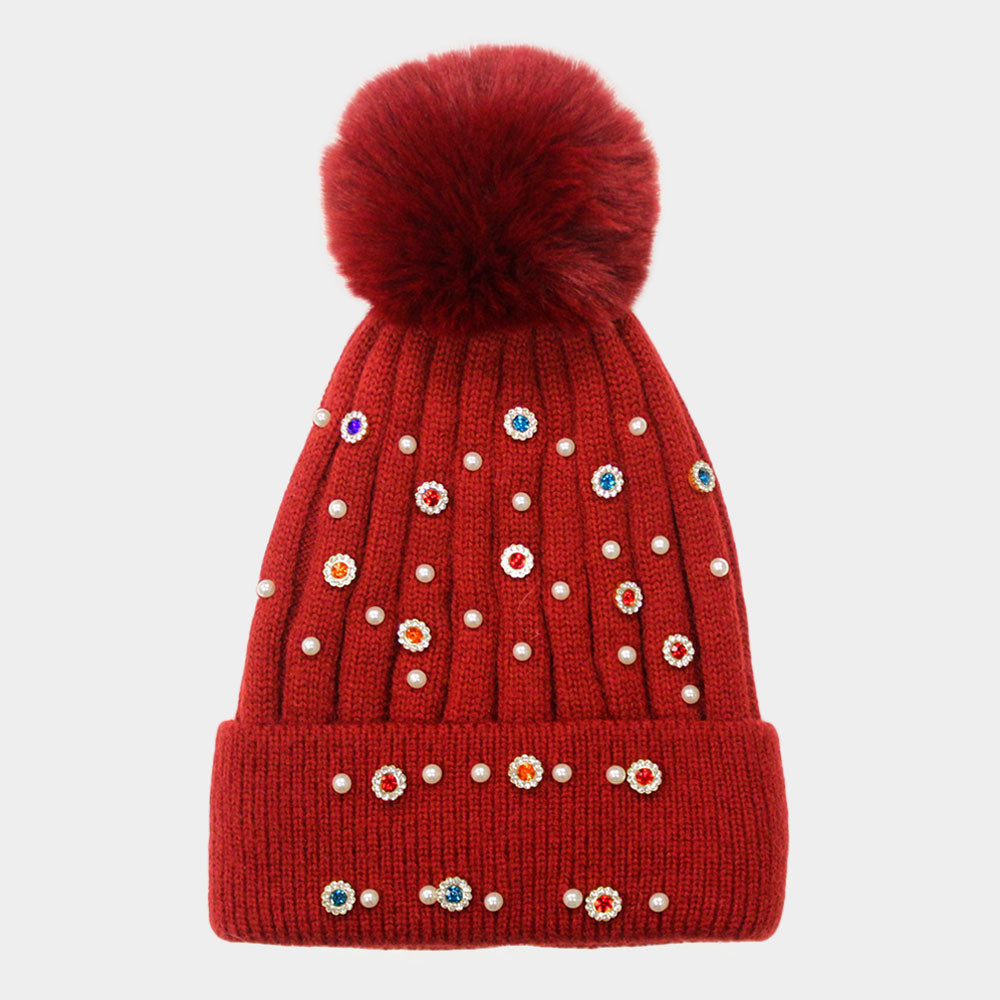 Burgundy Pearl Stone Embellished Detail Pom Pom Beanie Hat