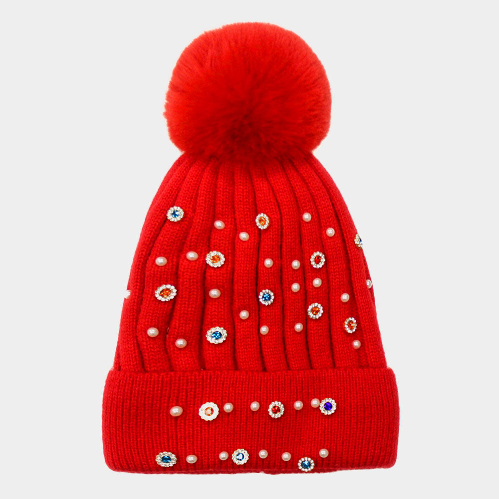 Red Pearl Stone Embellished Detail Pom Pom Beanie Hat