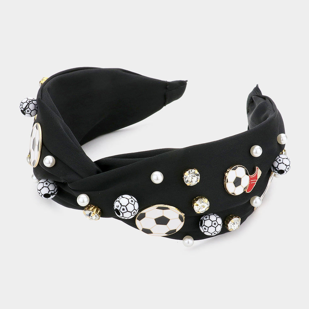 Black Pearl Stone Soccer Shoe Embellished Twisted Headband
