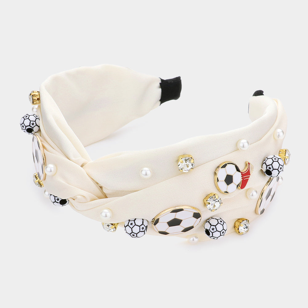 Neutral Pearl Stone Soccer Shoe Embellished Twisted Headband