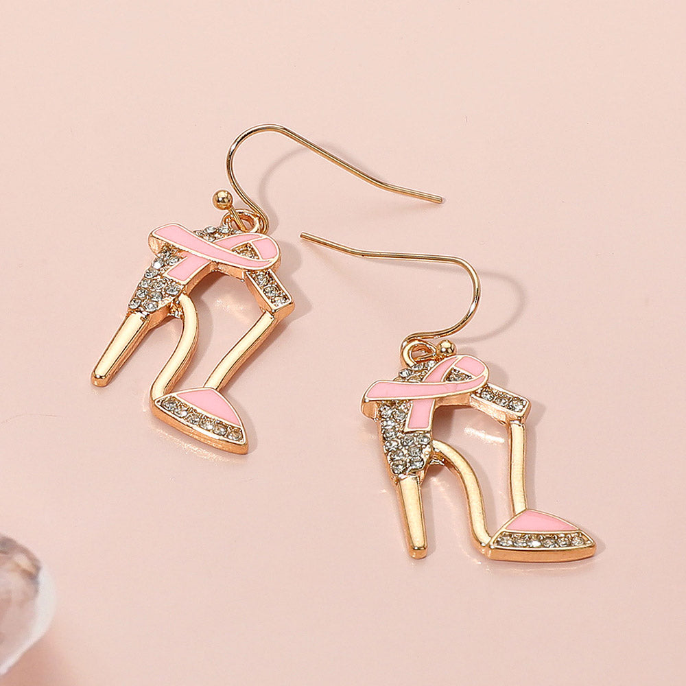 Gold, Light, Pink Pink Ribbon Accent Rhinestone Paved High Heel Dangle Earrings