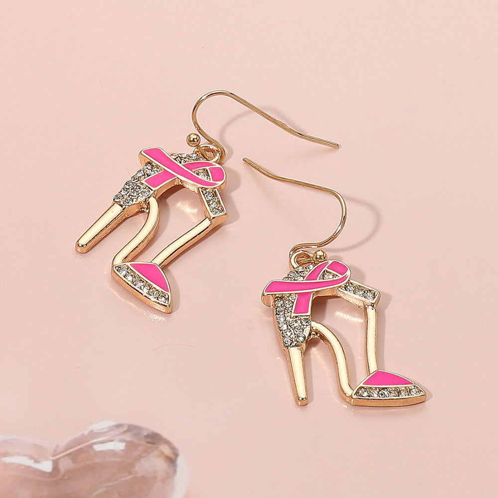Gold, Pink Pink Ribbon Accent Rhinestone Paved High Heel Dangle Earrings