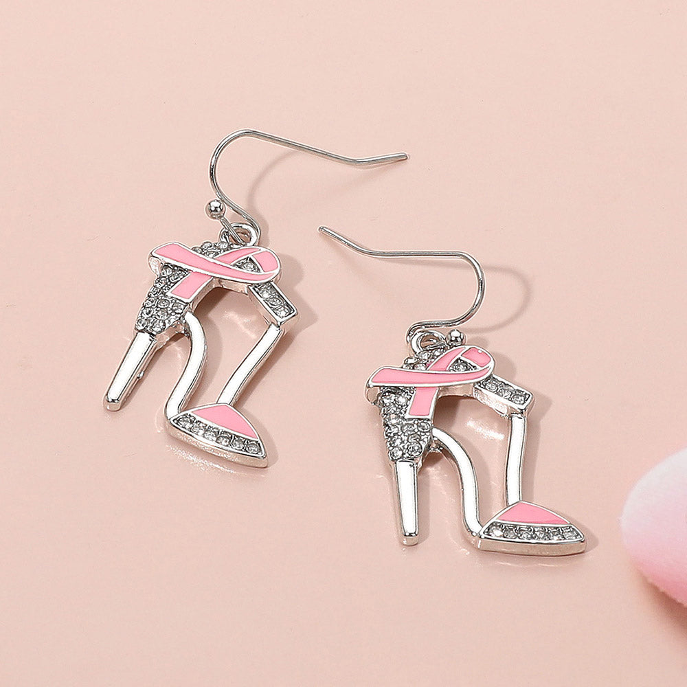Light, Pink, Rhodium Pink Ribbon Accent Rhinestone Paved High Heel Dangle Earrings