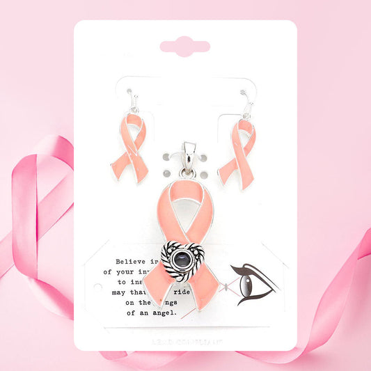 Black, Pink, Silver Burnished Pink Ribbon Message Lens Pendant Set