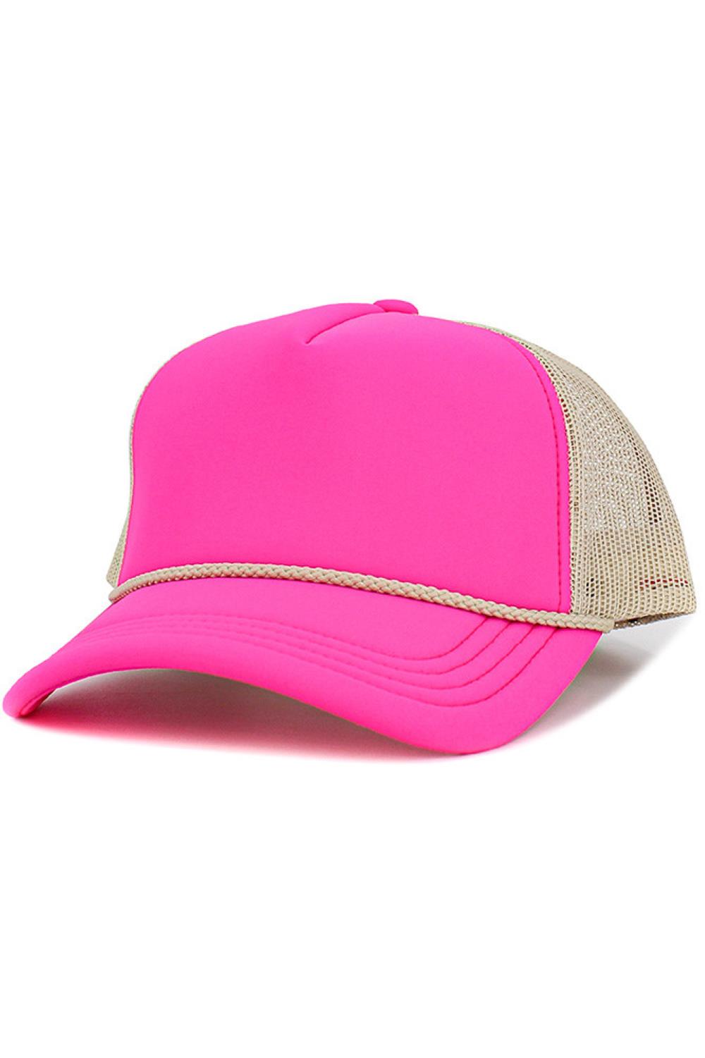 Pink This Two Tone Foam Rope String Trim Trucker Hat features a classic rope string trim and breathable mesh back for a laid-back, retro-inspired look. Lightweight and adjustable, it offers all-day comfort while adding effortless style to casual and outdoor outfits.