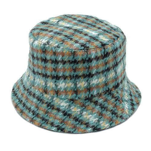 Green Polyester Plaid Check Patterned Bucket Hat, this bucket hat doubles as a rain hat and is snug on the head and stays on well. It will work well to keep the rain off the head and out of the eyes and also the back of the neck. Wear it to lend a modern liveliness above a raincoat on trans-seasonal days in the city.