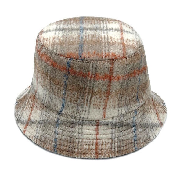 Ivory Polyester Plaid Check Patterned Bucket Hat, this bucket hat doubles as a rain hat and is snug on the head and stays on well. It will work well to keep the rain off the head and out of the eyes and also the back of the neck. Wear it to lend a modern liveliness above a raincoat on trans-seasonal days in the city.