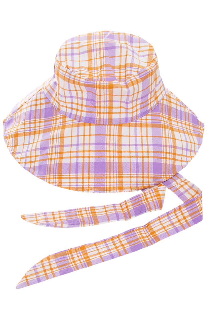 Lavender PLAID CHIN TIE BUCKET HAT features functional chin ties for secure wear during outdoor activities. The classic pattern offers versatile styling options while the bucket silhouette provides reliable sun protection. Constructed with quality materials for durability and comfort throughout extended wear.