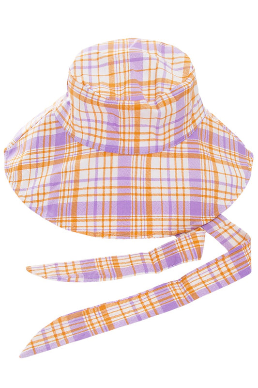 Lavender PLAID CHIN TIE BUCKET HAT features functional chin ties for secure wear during outdoor activities. The classic pattern offers versatile styling options while the bucket silhouette provides reliable sun protection. Constructed with quality materials for durability and comfort throughout extended wear.