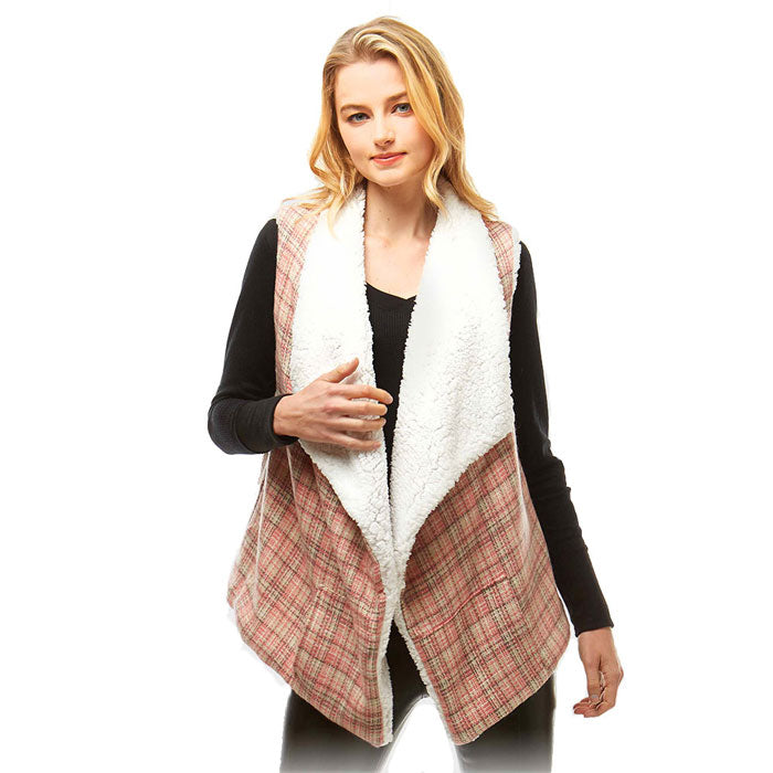 Pink Plaid Faux Fur Lining and Pocket Vest, the perfect accessory, luxurious, trendy, super soft chic capelet, keeps you warm and toasty. You can throw it on over so many pieces elevating any casual outfit! Perfect Gift for Wife, Mom, Birthday, Holiday, Christmas, Anniversary, Fun Night Out