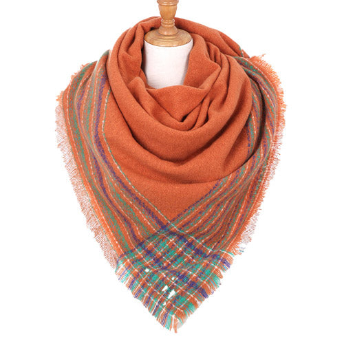 Plaid Liner Square Blanket Scarf Shawl - Orange - Scarves