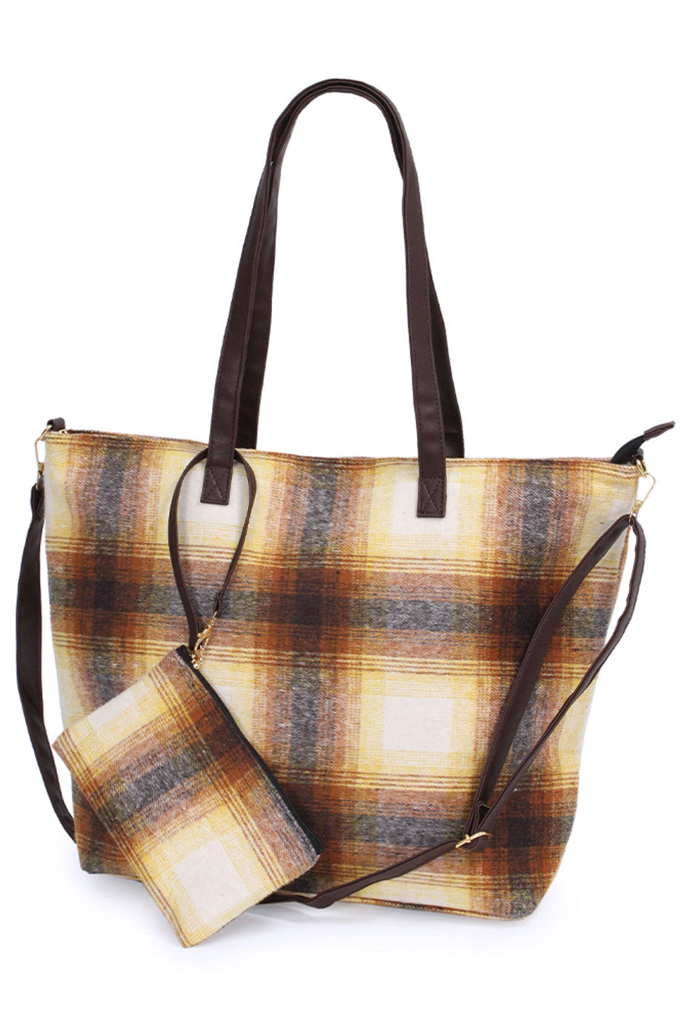 Plaid Weekend Tote Bag with Pouch combines classic style with practical design, perfect for short trips or daily use. Crafted from durable materials, it features a spacious main compartment and a matching pouch for organizing essentials. Its timeless plaid pattern adds a sophisticated touch, while sturdy handles ensure comfortable carrying. Ideal for those seeking both functionality and elegance in a versatile tote. 