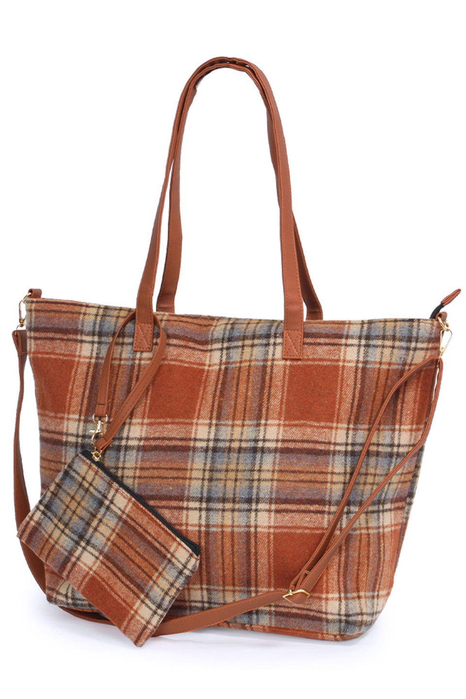 Plaid Weekend Tote Bag with Pouch combines classic style with practical functionality. Crafted from durable materials, this tote offers ample space for your essentials, making it ideal for weekend getaways or daily use. The included pouch provides organized storage for smaller items, enhancing convenience. Its timeless plaid pattern adds a sophisticated touch, ensuring you travel with both elegance and ease. 