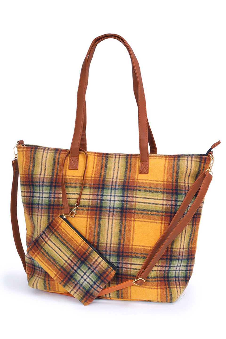 Plaid Weekend Tote Bag with Pouch combines classic style with practical functionality. Crafted from durable materials, this tote offers ample space for your essentials, making it ideal for weekend getaways or daily use. The included pouch provides organized storage for smaller items, enhancing convenience. Its timeless plaid pattern adds a sophisticated touch, ensuring you travel with both elegance and ease. 