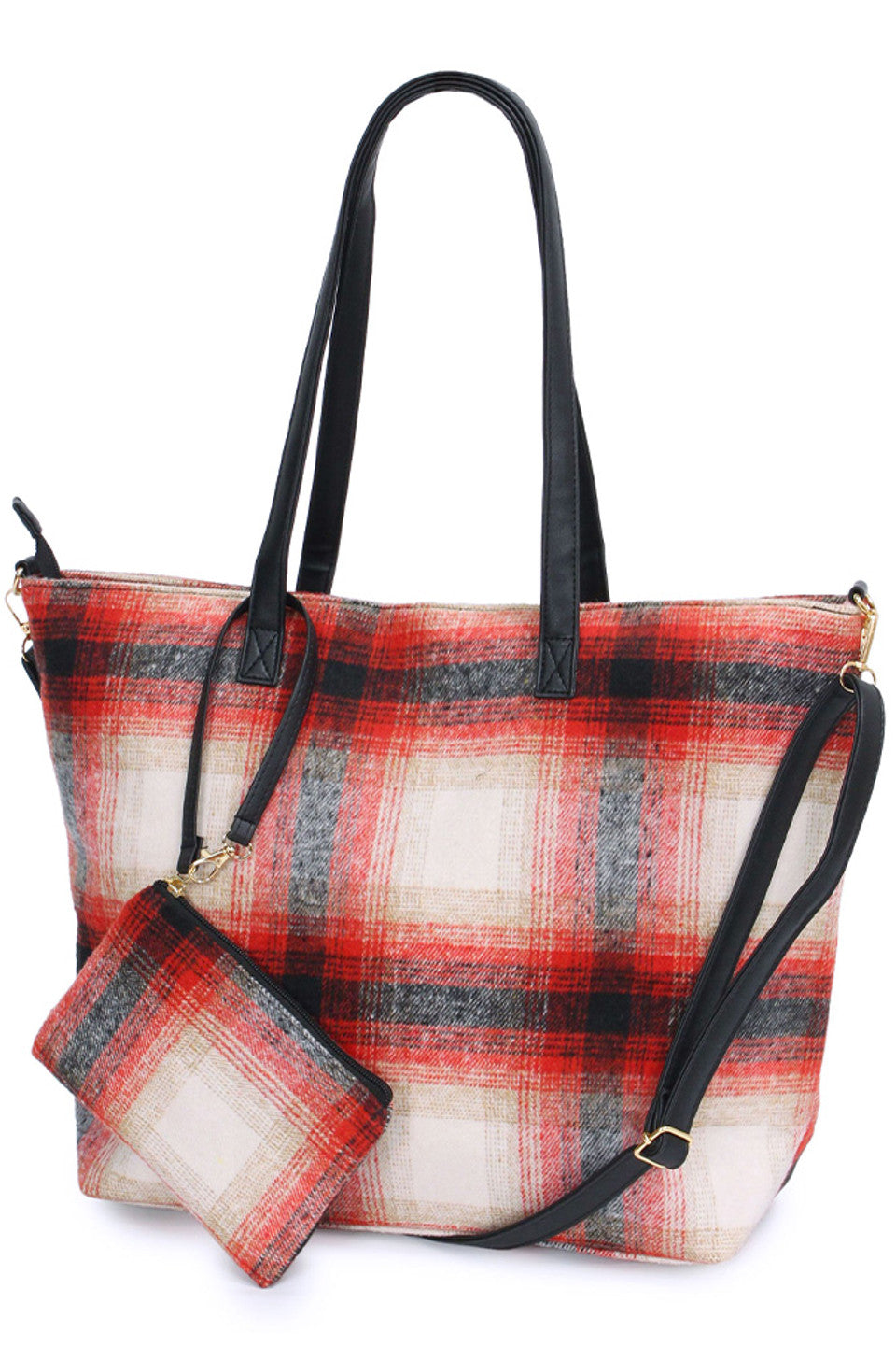 Plaid Weekend Tote Bag with Pouch combines classic style with practical design, perfect for short trips or daily use. Crafted from durable materials, it features a spacious main compartment and a matching pouch for organizing essentials. Its timeless plaid pattern adds a sophisticated touch, while sturdy handles ensure comfortable carrying. Ideal for those seeking both functionality and elegance in a versatile tote. 