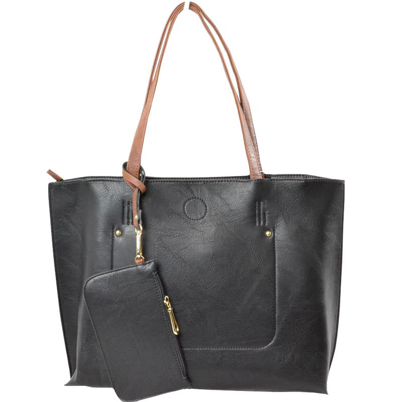 Black Thea Soft PU Vegan Leather 2 in 1 Tote Crossbody Handbag with Detachable Wristler Coin Purse, Best Seller Tote, Handbag has plenty of room to fit all your items, available in a few colors. Handbag also comes with a removable insert bag that doubles as lining to the bag, or can be removed and worn as a crossbody bag. This 2 in 1 tote bag is just what the boss lady needs!