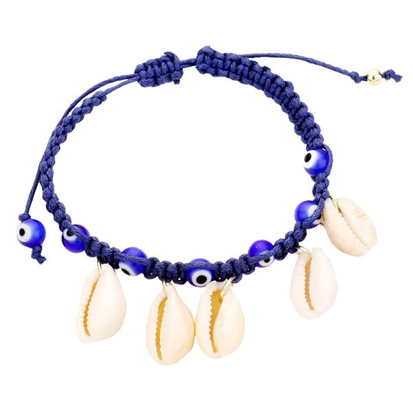 Blue Puka Shell Evil Eye Cord Braid Adjustable Bracelet; Evil Eye believed to ward off bad energy & bring good luck, bring good fortune and happiness while keeping you fashionable, beautiful Puka Shell bracelet to match your style. Perfect Birthday Gift, Anniversary Gift, Mother's Day Gift, Graduation, Bridesmaid Keepsake