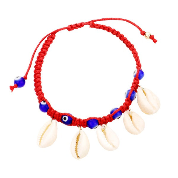 Red Puka Shell Evil Eye Cord Braid Adjustable Bracelet; Evil Eye believed to ward off bad energy & bring good luck, bring good fortune and happiness while keeping you fashionable, beautiful Puka Shell bracelet to match your style. Perfect Birthday Gift, Anniversary Gift, Mother's Day Gift, Graduation, Bridesmaid Keepsake