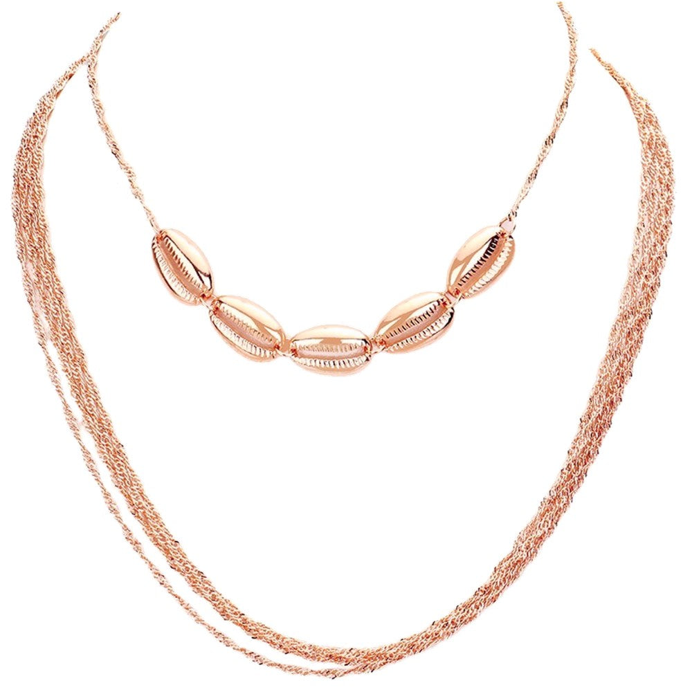Multi Layered Chain with Metal Puka Shell Layer sculpted into the shape of a large cowrie shell adds a little touch of tropical to your look! Perfect for everyday wear!  ‚Ä¢ Color : Gold, Silver, Rose Gold ‚Ä¢ Shell, Puka, Beach ‚Ä¢ Necklace Size : 14" + 3" L ‚Ä¢ Decor Size : 2" L