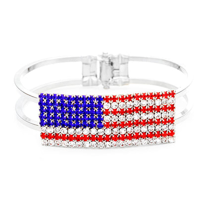 Red, White & Blue Crystal Pave American Flag Hinged Bracelet, add a statemnt to your outfit with this beautiful accessory. It’s set in beautiful crystal stones in our patriotic vibrant colors. Perfect of any time day/night, ideal for election day, national holidays, show your love for this country with some sparkle. 
