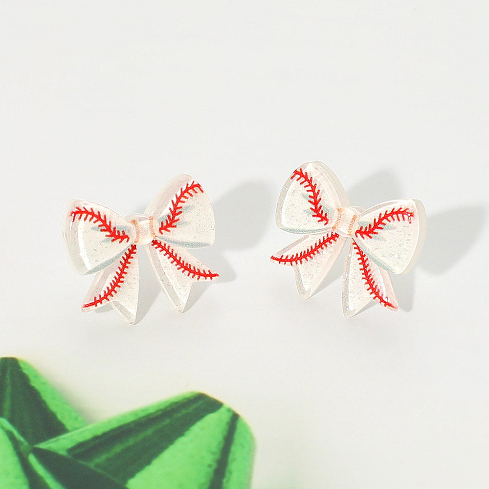 Red, White Resin Baseball Bow Stud Earrings