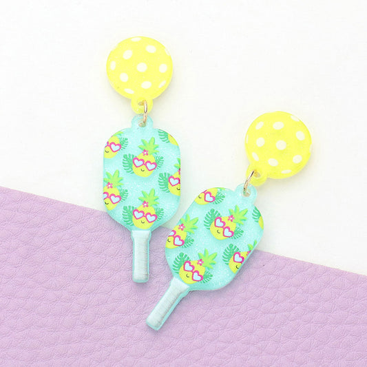 Mint Resin Flower Printed Pickleball Paddle Dangle Earrings