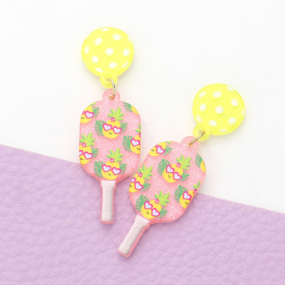 Pink Resin Flower Printed Pickleball Paddle Dangle Earrings