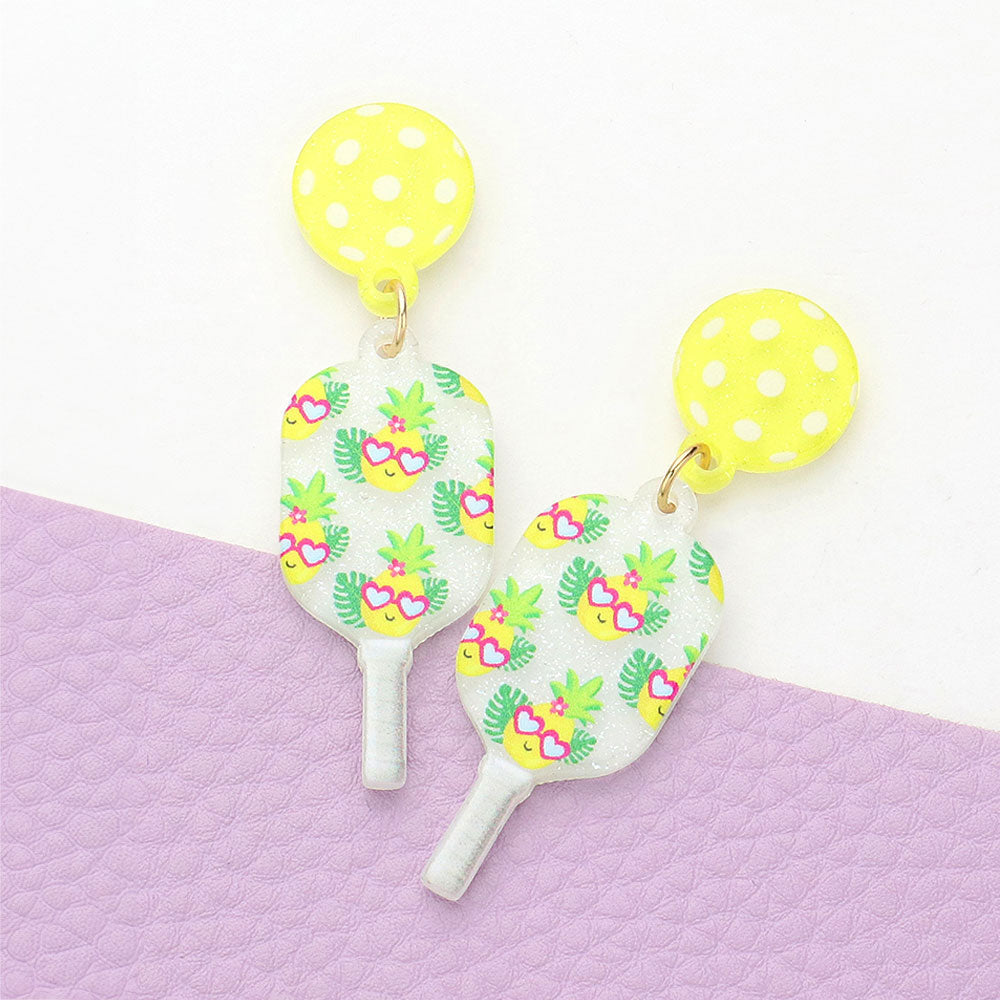White Resin Flower Printed Pickleball Paddle Dangle Earrings