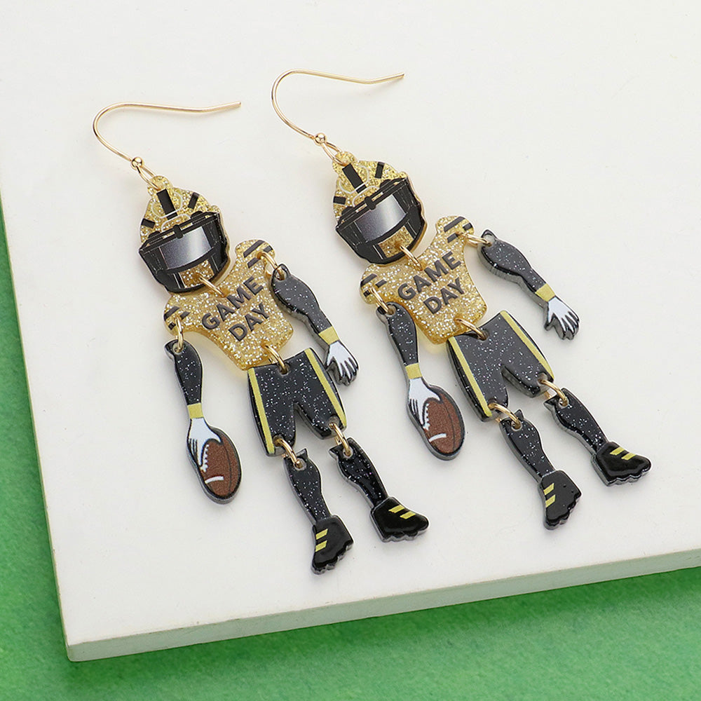 Black, Gold Resin GAME DAY Football Player Dangle Earrings